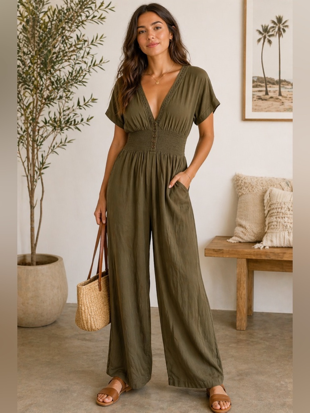 PATRONS‎ OF PEACE $115 100% Rayon Olive Green Wide Leg Jumpsuit Sz M Smocked